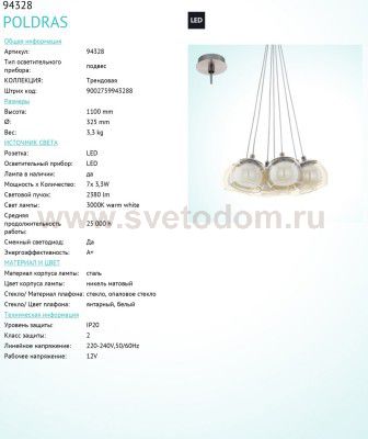 Светильник подвесной Eglo 94328 POLDRAS