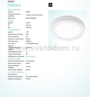 Светодиодная ультратонкая потолочная панель Eglo 96669 FUEVA-C