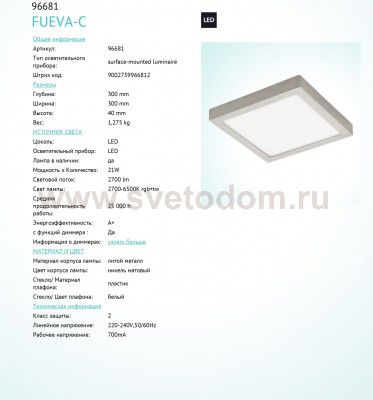 Светодиодная ультратонкая потолочная панель Eglo 96681 FUEVA-C