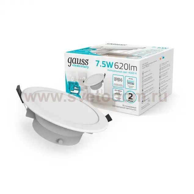 Светильник Gauss Elementary Downlight круг 5,5W 450lm 4000K 185-250V IP54 95*45 монтаж белый LED