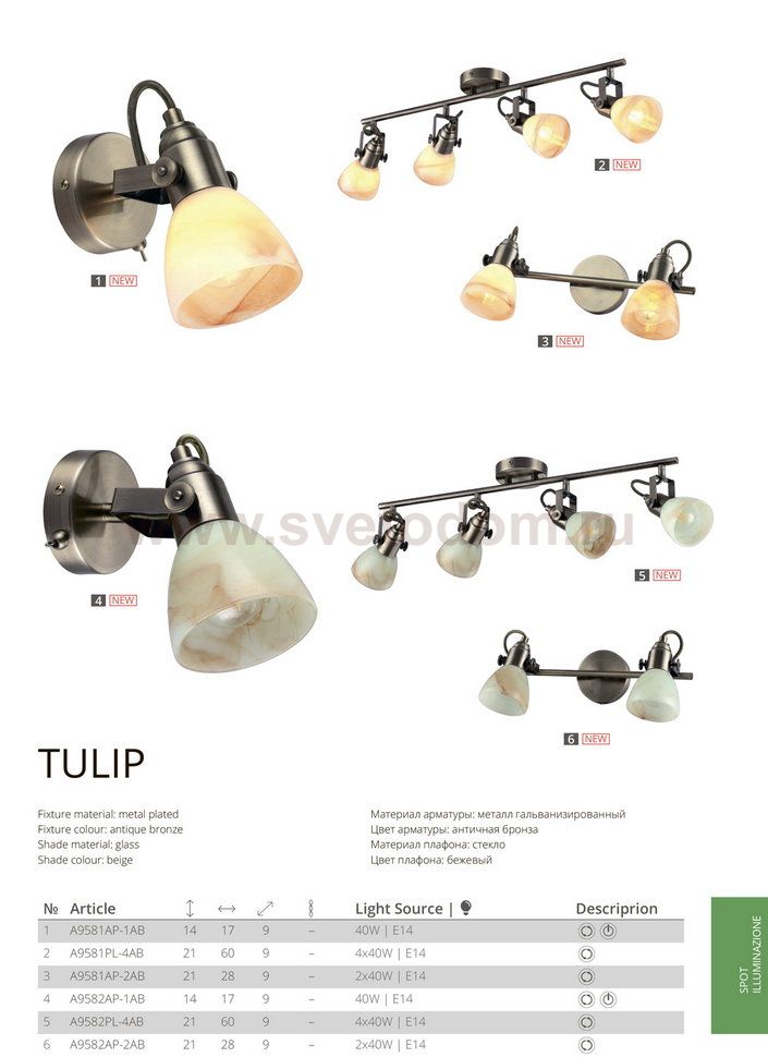 Светильник настенный Arte lamp A9581AP-2AB TULIP