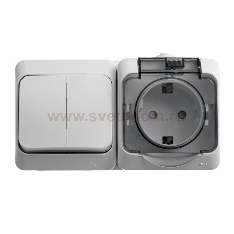 Lexel Этюд Серый Блок Выключатель 2-клав + розетка с заземлением со шторками наружный IP44