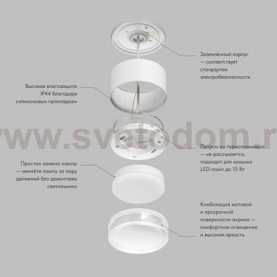 Накладной влагостойкий светильник AQUA, GX53, до 15 Вт, LED, IP44, белый, алюминий, акрил