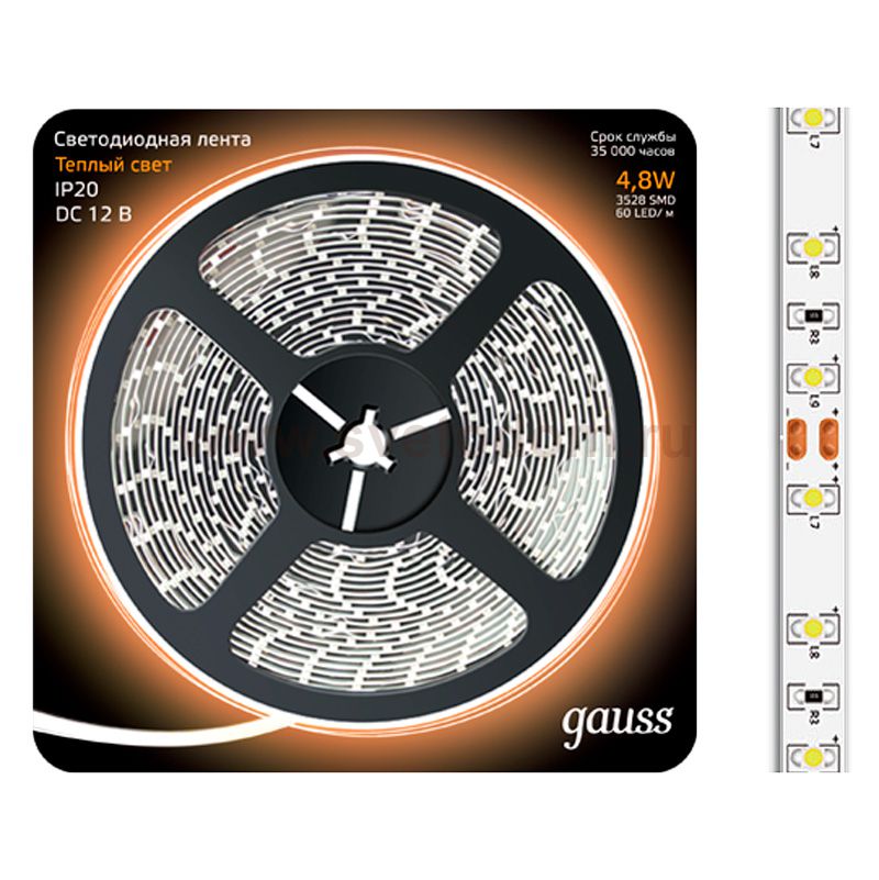 Лента LED 2835/60-SMD 4.8W 12V DC теплый белый (блистер 5м) (312000105)
