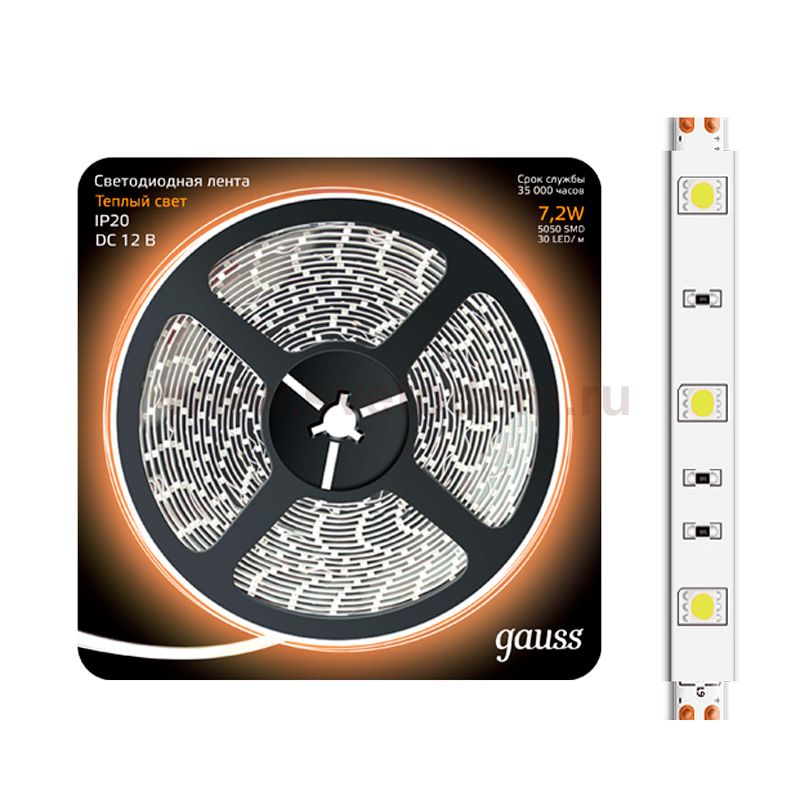 Лента LED 5050/30-SMD 7.2W 12V DC теплый белый (блистер 5м) (312000107)