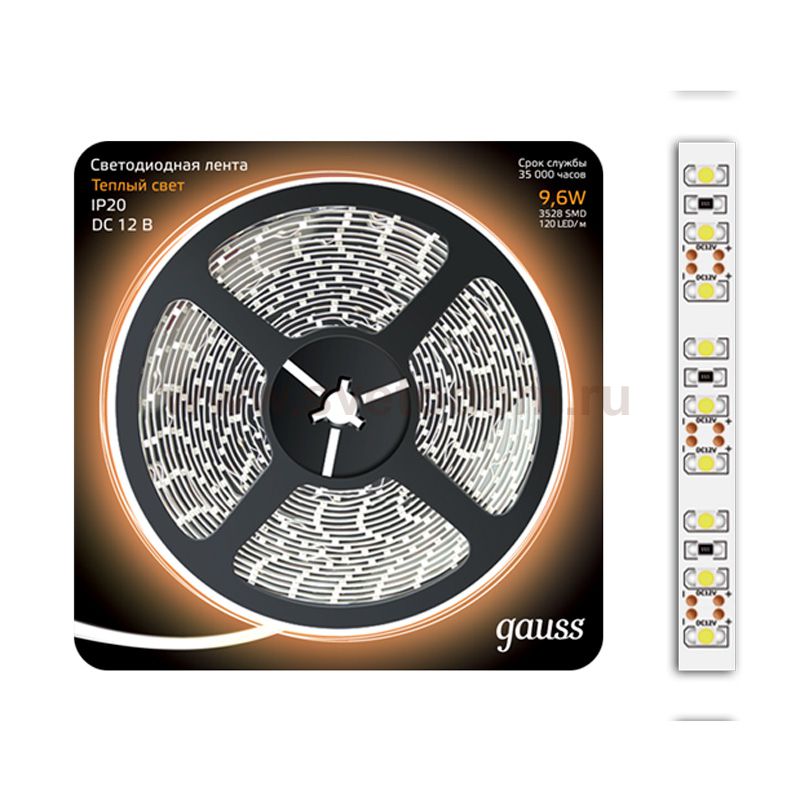 Лента светодиодная Gauss LED 2835/120-SMD 9.6W 12V DC теплый белый (блистер 5м) (312000110)