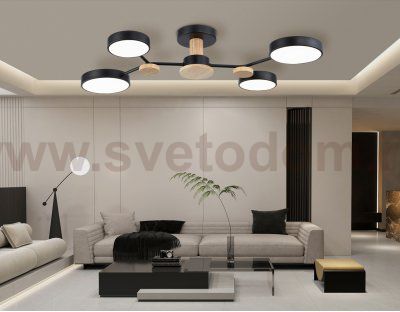 Люстра светодиодная на штанге Ambrella FL4860/4 BK/WD черный/дерево 60W 3000-6000K 700*400*120 (без ПДУ)