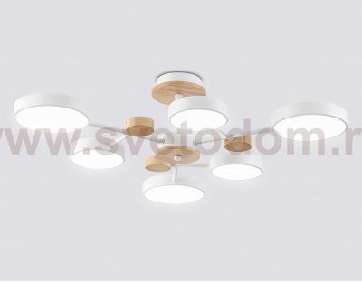 Люстра светодиодная на штанге Ambrella FL4861/6 WH/WD белый/дерево 90W 3000-6000K D750*180 (без ПДУ)