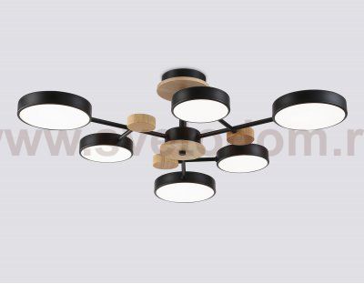 Люстра светодиодная на штанге Ambrella FL4863/6 BK/WD черный/дерево 90W 3000-6000K D750*180 (без ПДУ)