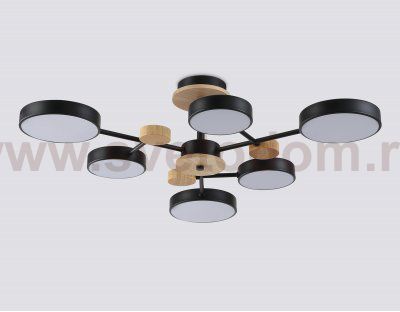 Люстра светодиодная на штанге Ambrella FL4863/6 BK/WD черный/дерево 90W 3000-6000K D750*180 (без ПДУ)