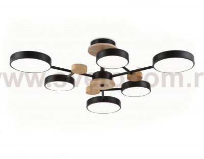 Люстра светодиодная на штанге Ambrella FL4863/6 BK/WD черный/дерево 90W 3000-6000K D750*180 (без ПДУ)
