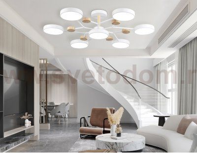 Люстра светодиодная на штанге Ambrella FL4864/7 WH/WD белый/дерево 126W 3000-6000K D830*190 (без ПДУ)