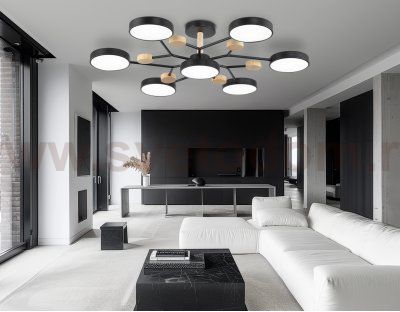 Люстра светодиодная на штанге Ambrella FL4866/7 BK/WD черный/дерево 126W 3000-6000K D830*190 (без ПДУ)