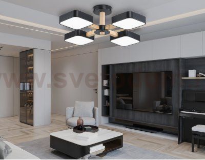 Люстра светодиодная на штанге Ambrella FL4880/4 BK/WD черный/дерево 72W 3000-6000K D610*160 (без ПДУ)