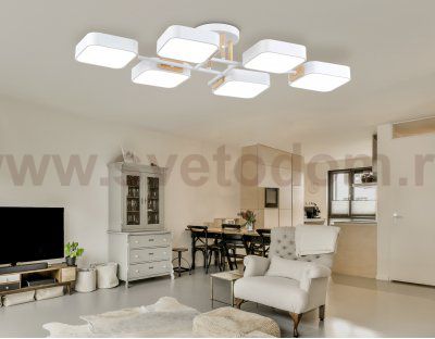 Люстра светодиодная на штанге Ambrella FL4886/6 WH/WD белый/дерево 108W 3000-6000K 850*430*140 (без ПДУ)