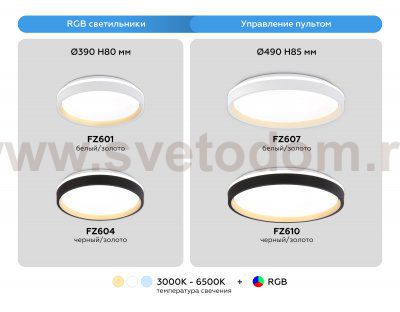 Светодиодный светильник RGB с пультом управления Ambrella FZ610 BK/GD черный/золото IP20 66W 3000K-6500K+RGB D490*85 (ПДУ ИК)