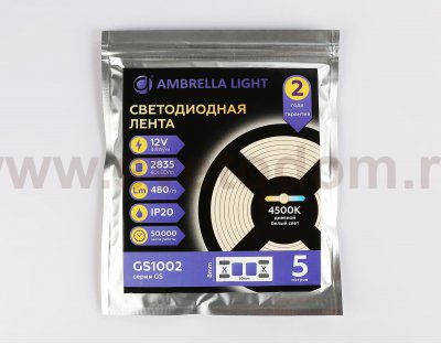 Светодиодная лента Ambrella Light GS1002 2835 60Led /4.8W m/ 12V IP20 4500K 5m /кратность резки 50mm Ambrella GS1002 GS