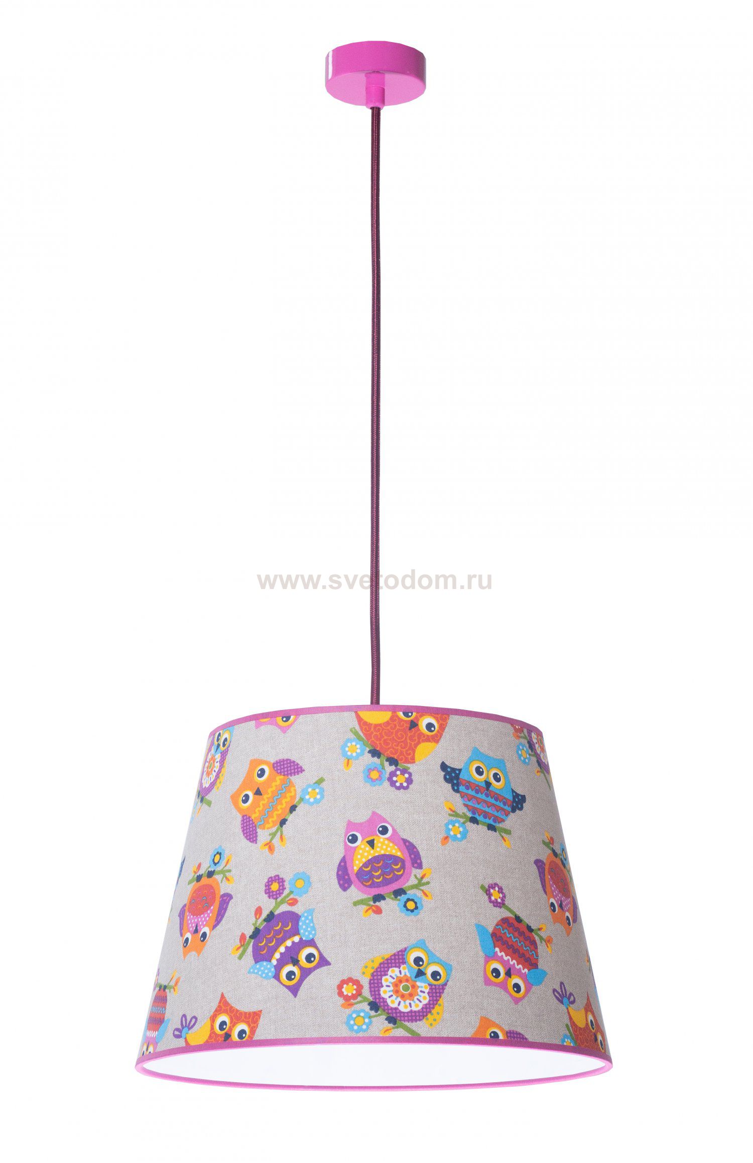 Подвесной светильник Happy S2 28 99gp, металл(розовый)/ткань(сова)/лента(розовая), Н150, 1 x E27 60W