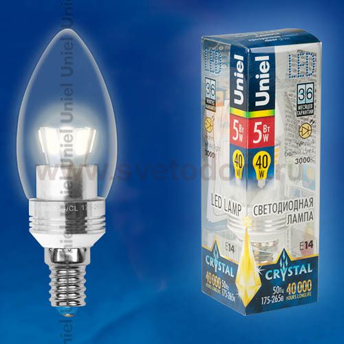 Лампа свеча UNIEL LED-C37P-5W/WW/E14/CL ALC02SL