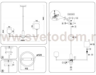 Люстра на штанге с мрамором Ambrella LH53003/8 SN/FR сатин никель/белый матовый G9*8 max 40W D830*680