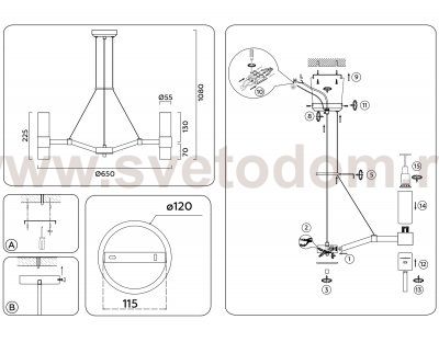 Подвесные люстры Ambrella LH55114/6 BS/FR/TI латунь/белый матовый/янтарь E14*6 max 40W D650*1080