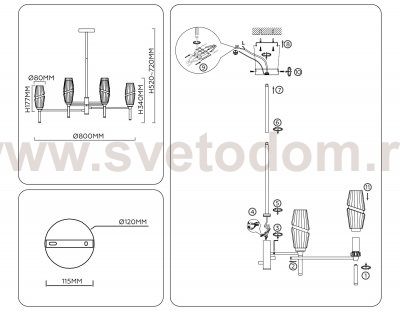 LH55202/8 BS/CL латунь/прозрачный E14*8 max 40W D800*520
