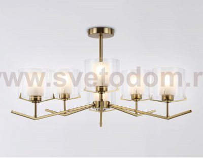 Люстра со стеклянными плафонами на штанге Ambrella LH57008/6 BS/FR латунь/белый матовый E14/6 max 40W D850*420