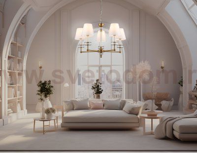 Подвесная люстра с абажурами и хрусталем Ambrella LH71021/5 BS/WH латунь/белый E14*5 max 40W D670*1130