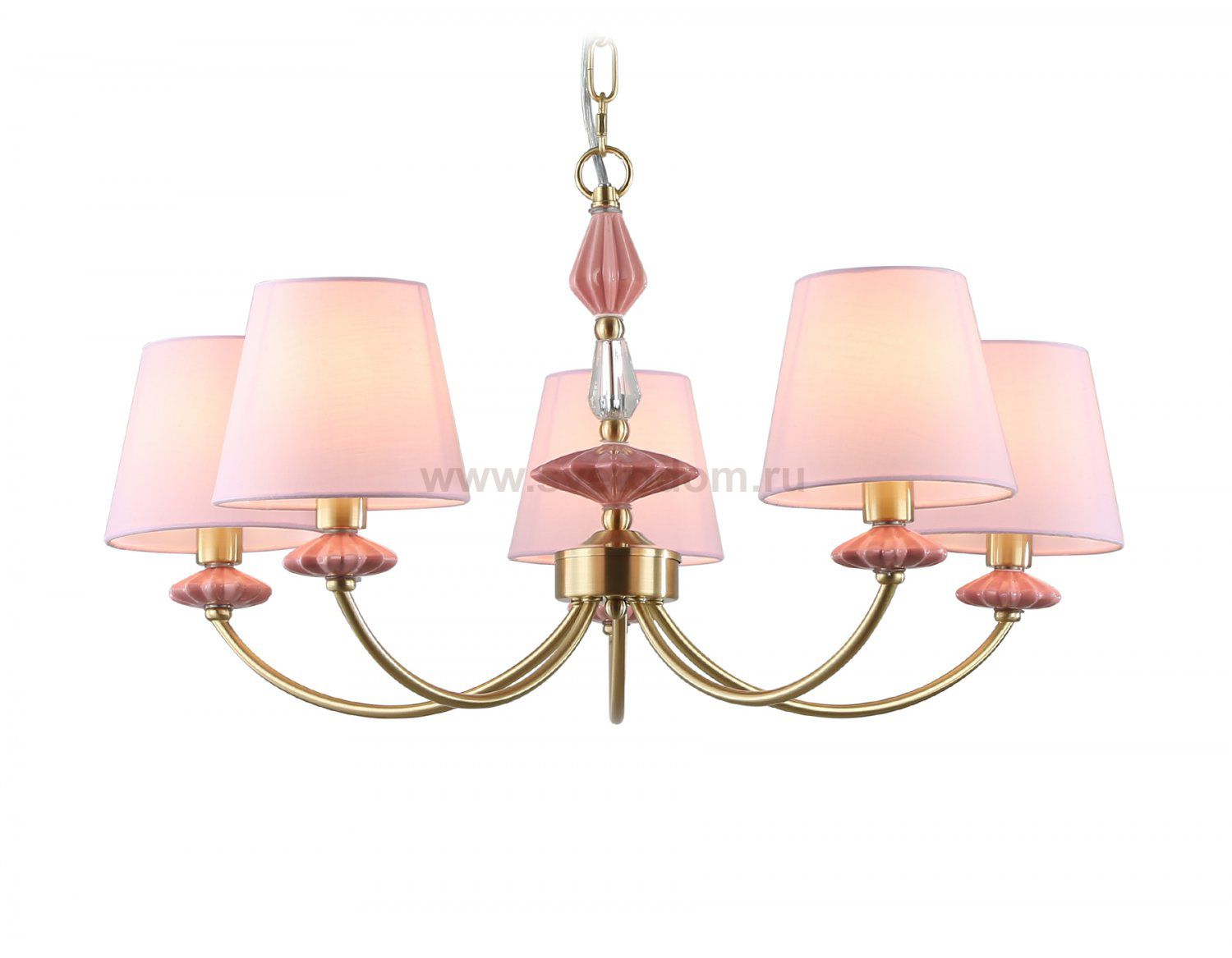 Подвесная люстра с абажуром и декором из керамики Ambrella LH75024/5 GD/PI золото/розовый E14/5 max 40W D700*780