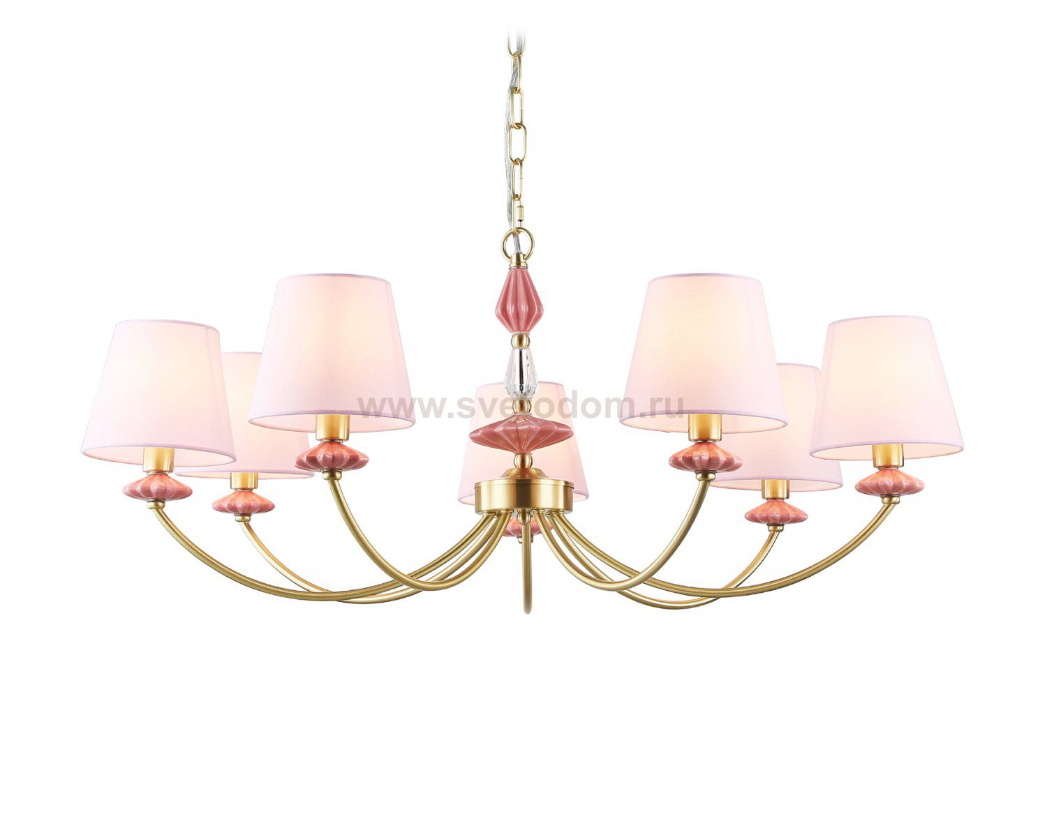 Подвесная люстра с абажуром и декором из керамики Ambrella LH75025/7 GD/PI золото/розовый E14/7 max 40W D890*800
