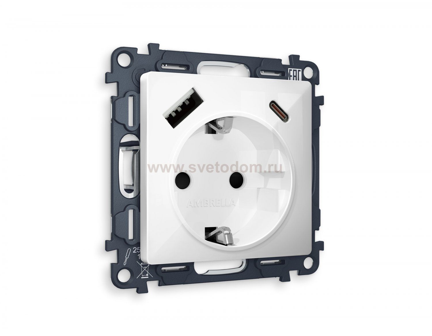 Комплект механизма электрической розетки ALFA MA110010 Белый глянец 2USB A+C 20W быстрая зарядка с заземлением и шторками 2P+E 16A-250V QUANT Ambrella Volt