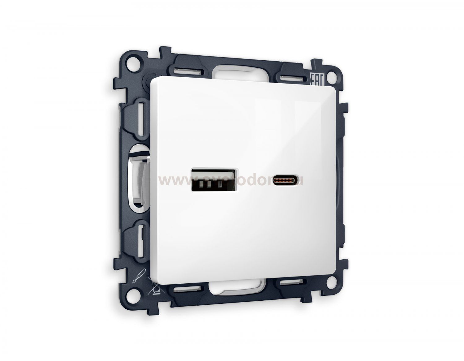 Комплект механизма розетки ALFA MA111010 Белый глянец 2USB A+C 20W быстрая зарядка QUANT Ambrella Volt