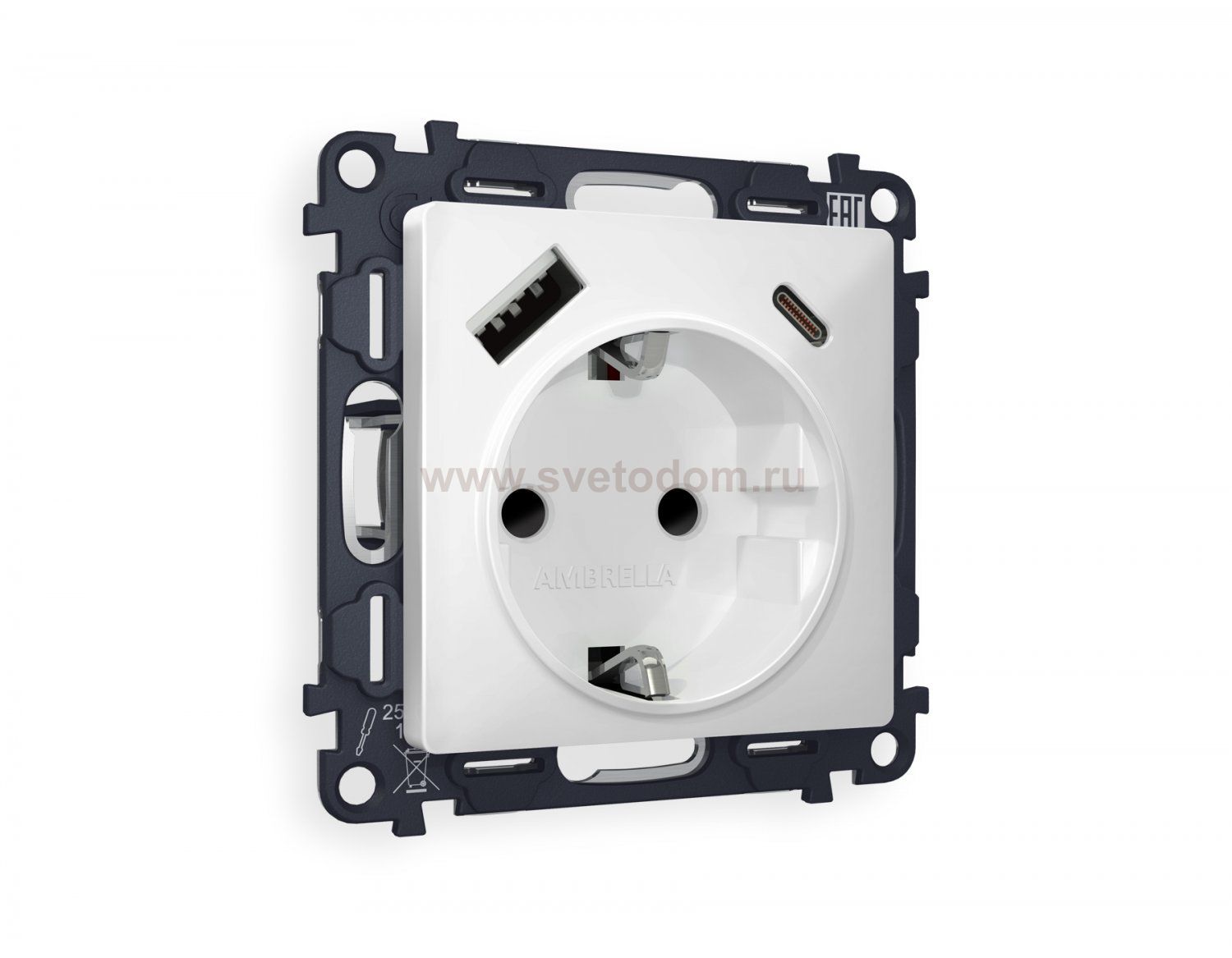 Комплект механизма электрической розетки ALFA MA130010 Белый матовый 2USB A+C 20W быстрая зарядка с заземлением со шторками 2P+E 16A-250V QUANT Ambrella Volt