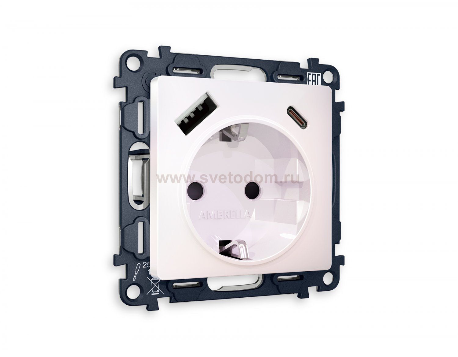 Комплект механизма электрической розетки ALFA MA210010 Жемчуг 2USB A+C 20W быстрая зарядка с заземлением и шторками 2P+E 16A-250V QUANT Ambrella Volt