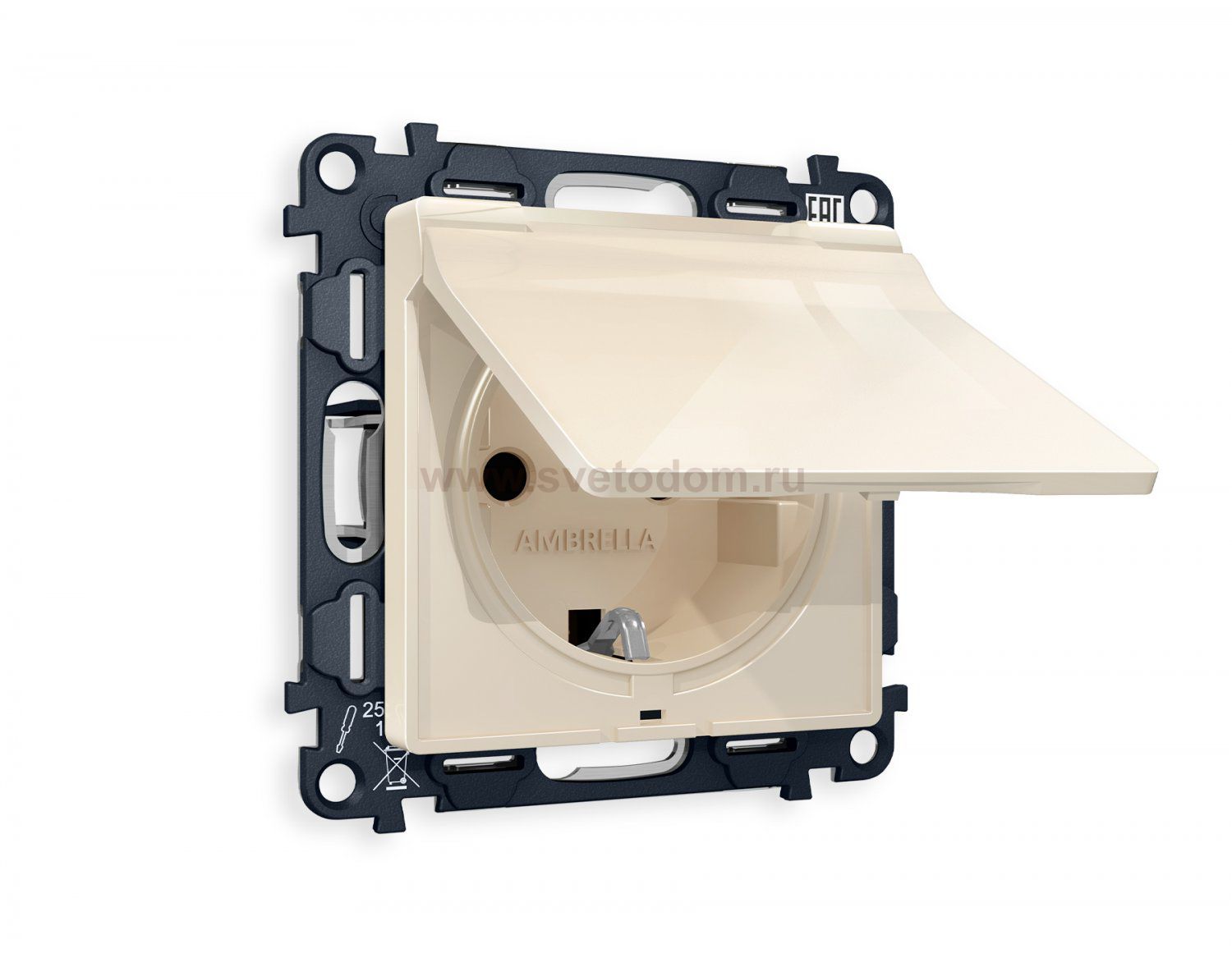 Комплект механизма электрической розетки ALFA MA308010 Бежевый глянец с заземлением с шторками и защитной крышкой 2P+E 16A-250V IP44 QUANT Ambrella Volt