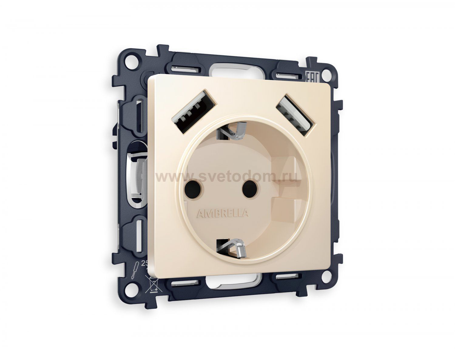 Комплект механизма электрической розетки ALFA MA329010 Бежевый матовый 2USB A+A 18W быстрая зарядка с заземлением со шторками 2P+E 16A-250V QUANT Ambrella Volt