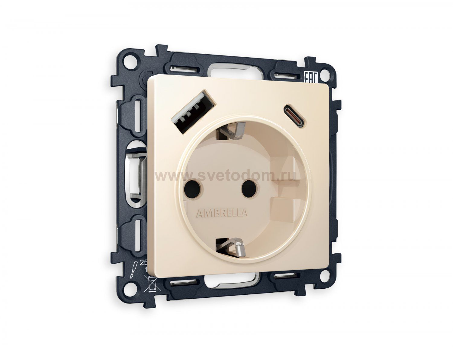 Комплект механизма электрической розетки ALFA MA330010 Бежевый матовый 2USB A+C 20W быстрая зарядка с заземлением со шторками 2P+E 16A-250V QUANT Ambrella Volt