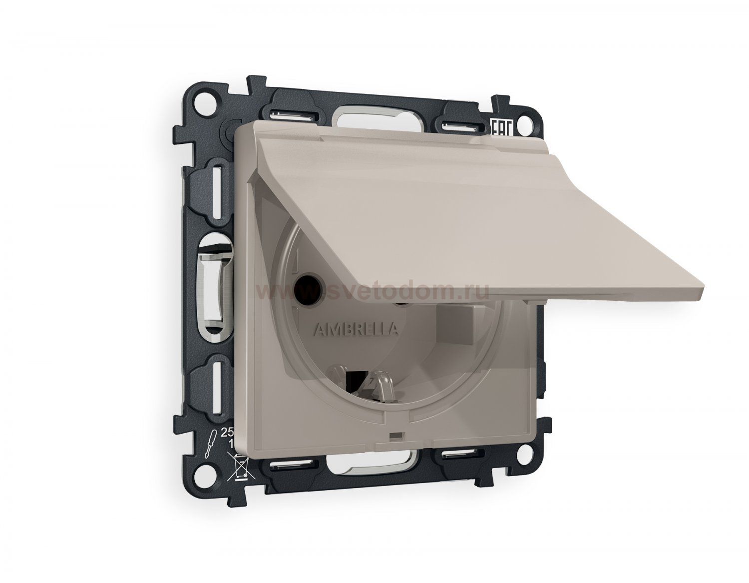 Комплект механизма электрической розетки ALFA MA368010 Серо-бежевый матовый с заземлением со шторками и защитной крышкой 2P+E 16A-250V IP44 QUANT Ambrella Volt