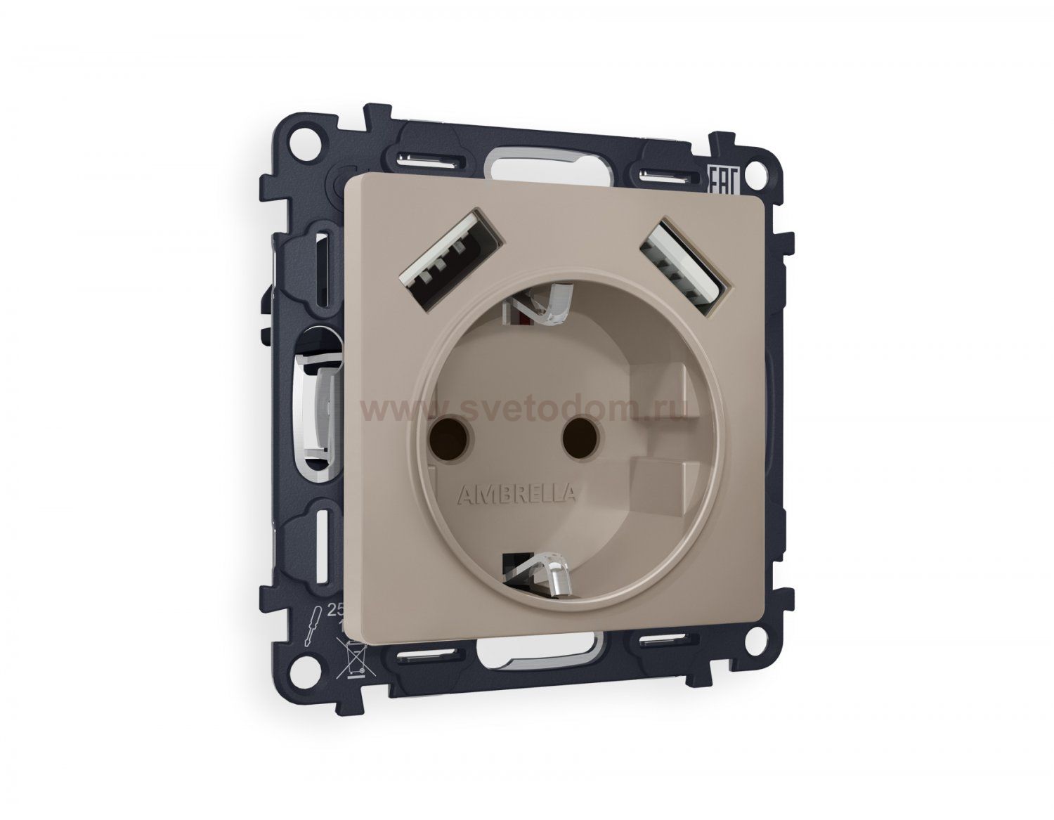Комплект механизма электрической розетки ALFA MA369010 Серо-бежевый матовый 2USB A+A 18W быстрая зарядка с заземлением со шторками 2P+E 16A-250V QUANT Ambrella Volt