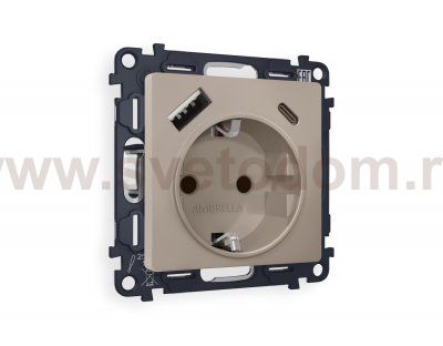Комплект механизма электрической розетки ALFA MA370010 Серо-бежевый матовый 2USB A+C 20W быстрая зарядка с заземлением со шторками 2P+E 16A-250V QUANT Ambrella Volt