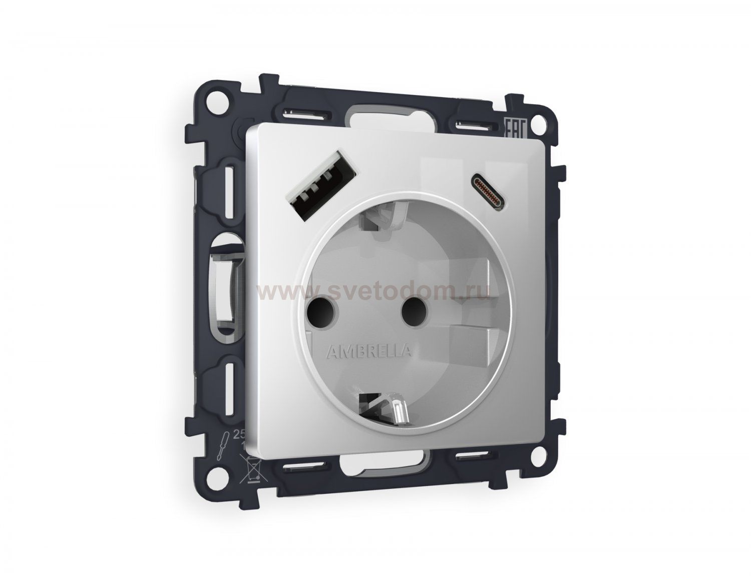 Комплект механизма электрической розетки ALFA MA410010 Серебро глянец 2USB A+C 20W быстрая зарядка с заземлением и шторками 2P+E 16A-250V QUANT Ambrella Volt