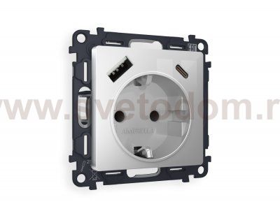 Комплект механизма электрической розетки ALFA MA410010 Серебро глянец 2USB A+C 20W быстрая зарядка с заземлением и шторками 2P+E 16A-250V QUANT Ambrella Volt