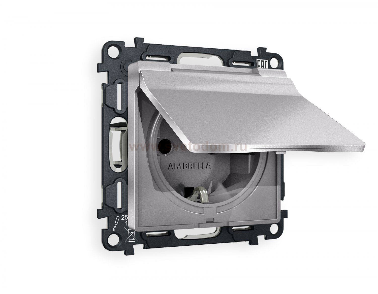 Комплект механизма электрической розетки ALFA MA508010 Сталь матовый  с заземлением с шторками и защитной крышкой 2P+E 16A-250V IP44 QUANT Ambrella Volt