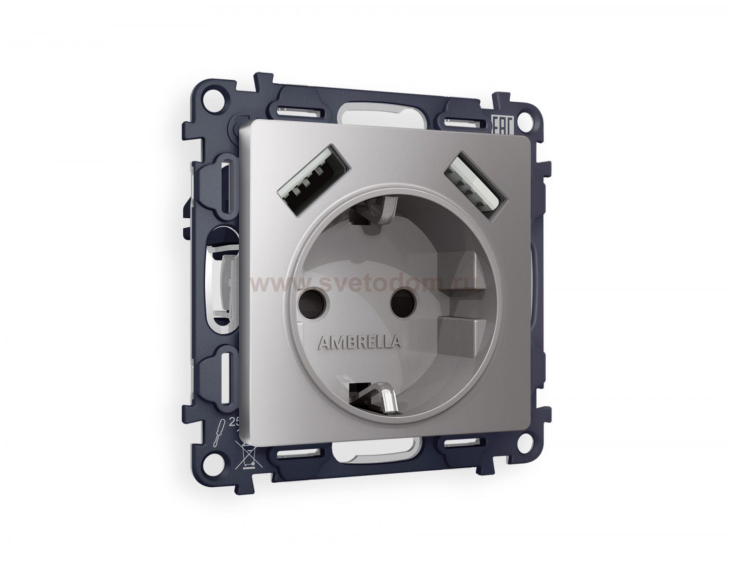 Комплект механизма электрической розетки ALFA MA509010 Сталь матовый 2USB A+A 18W быстрая зарядка с заземлением и шторками 2P+E 16A-250V QUANT Ambrella Volt