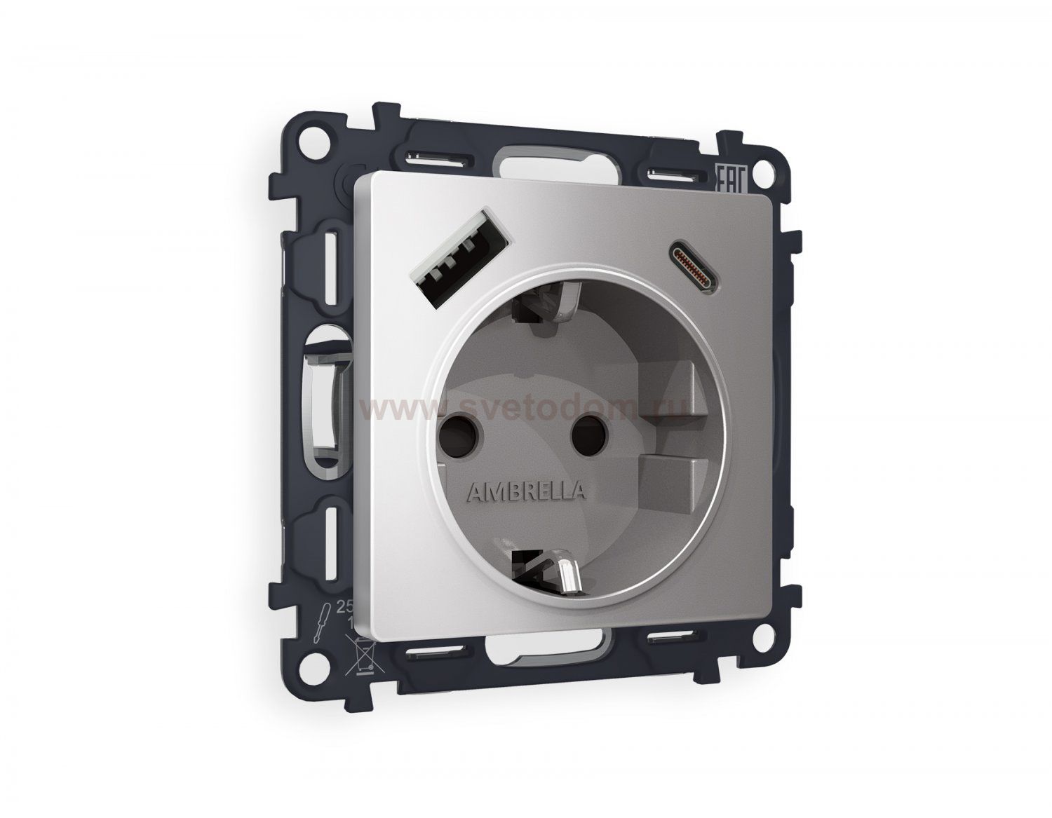 Комплект механизма электрической розетки ALFA MA510010 Сталь матовый 2USB A+C 20W быстрая зарядка с заземлением и шторками 2P+E 16A-250V QUANT Ambrella Volt