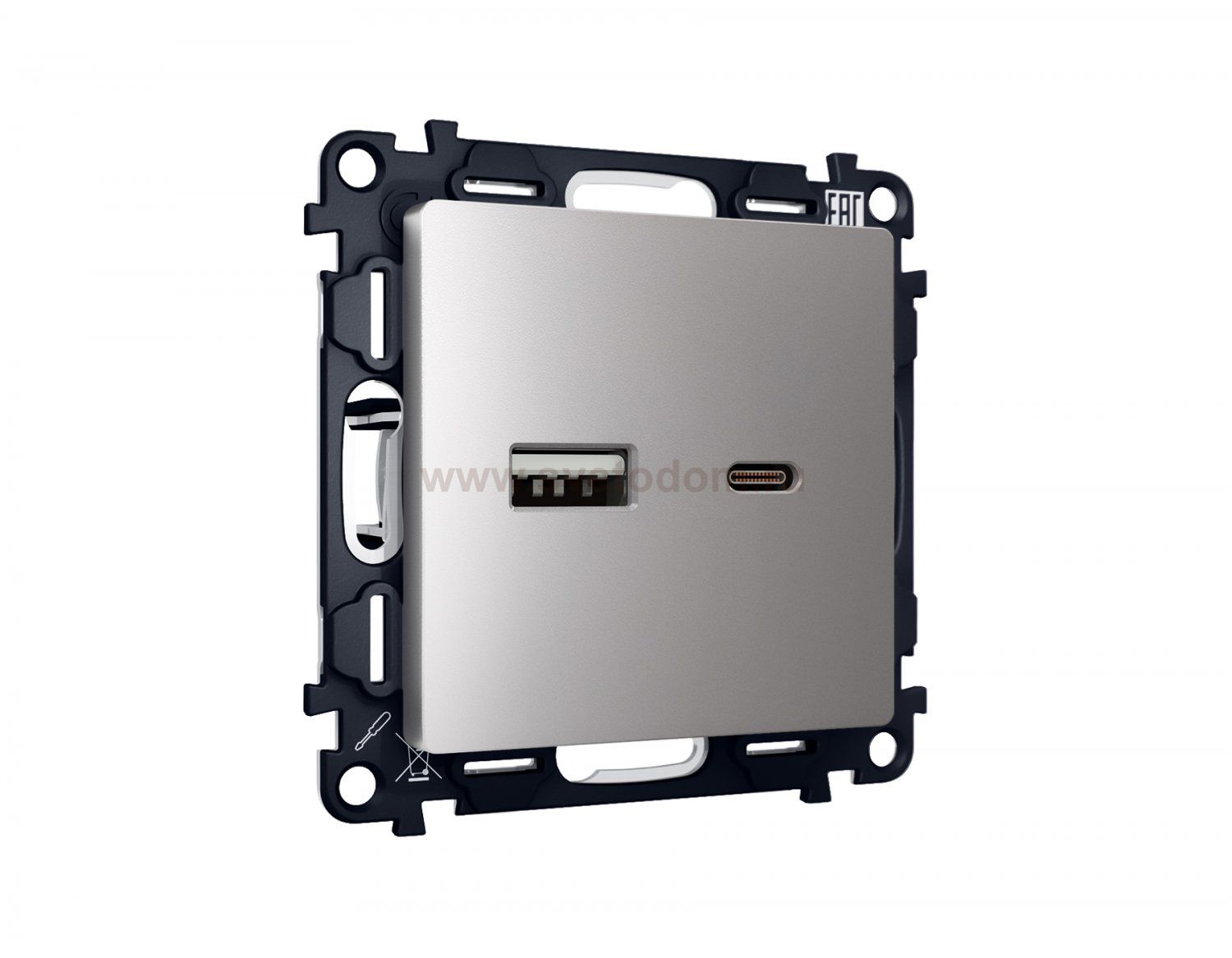 Комплект механизма розетки ALFA MA511010 Сталь матовый 2USB A+C 20W быстрая зарядка QUANT Ambrella Volt