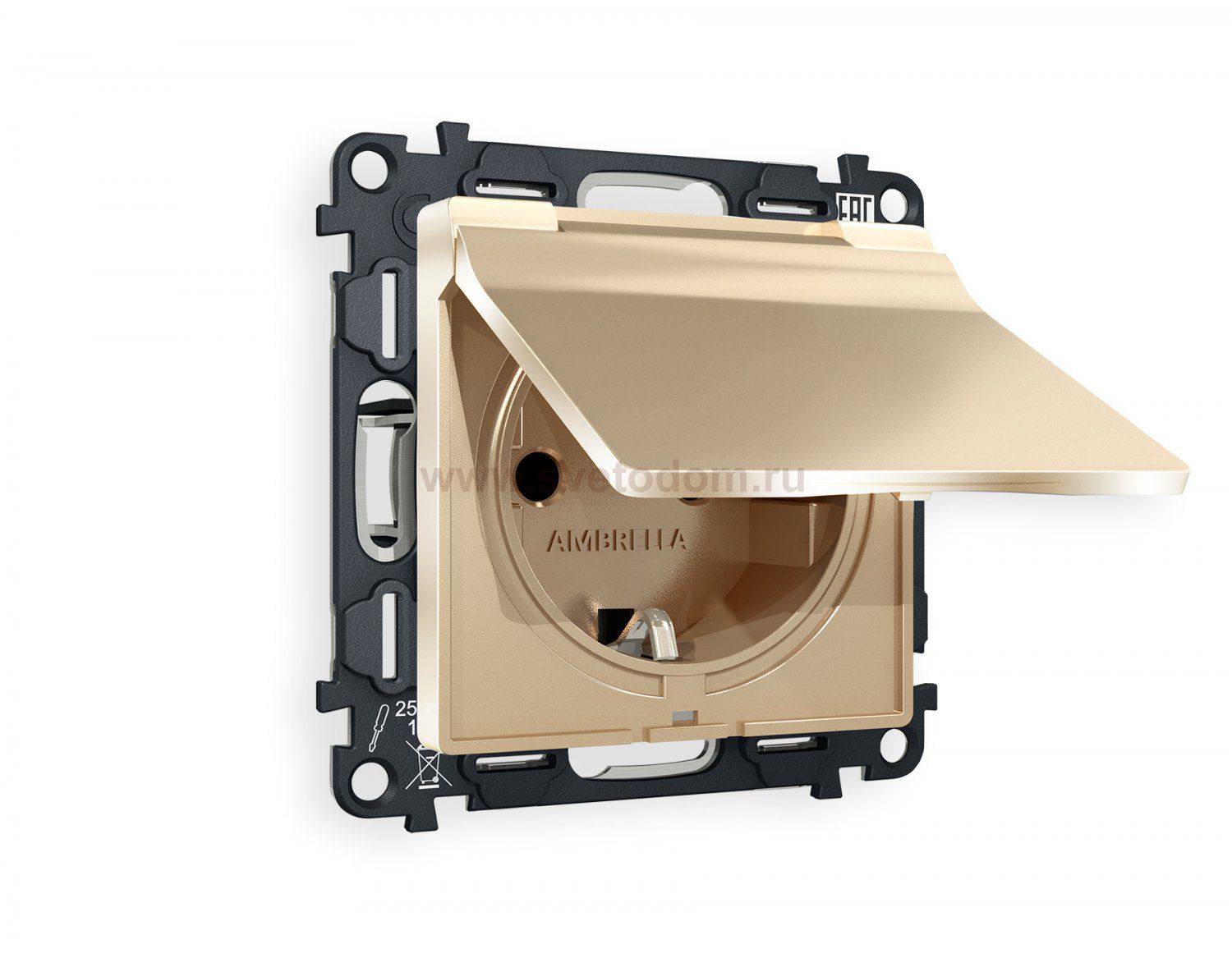 Комплект механизма электрической розетки ALFA MA608010 Шампань  с заземлением с шторками и защитной крышкой 2P+E 16A-250V IP44 QUANT Ambrella Volt