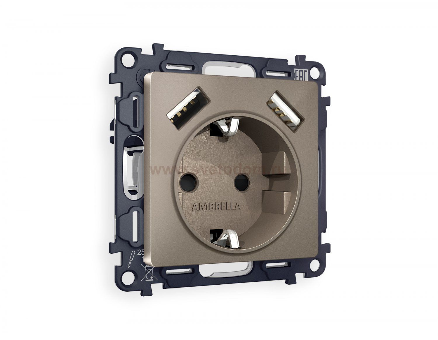 Комплект механизма электрической розетки ALFA MA639010 Темная бронза матовый 2USB A+A 18W быстрая зарядка с заземлением и шторками 2P+E 16A-250V QUANT Ambrella Volt