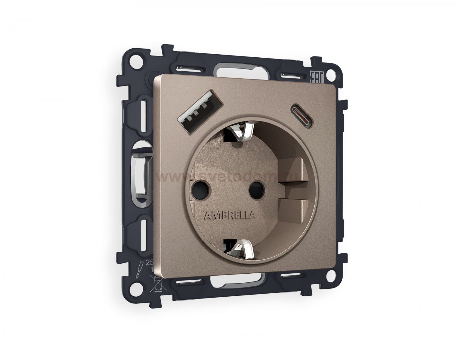 Комплект механизма электрической розетки ALFA MA640010 Темная бронза матовый 2USB A+C 20W быстрая зарядка с заземлением и шторками 2P+E 16A-250V QUANT Ambrella Volt