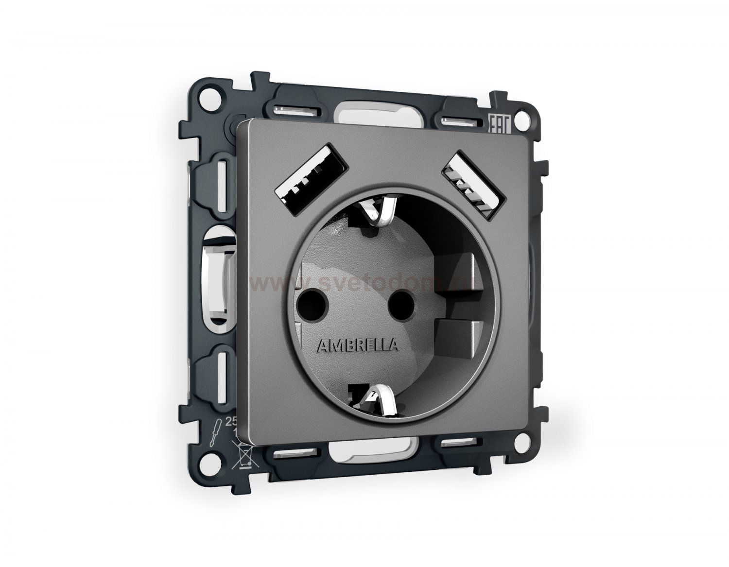 Комплект механизма электрической розетки ALFA MA659010 Антрацит серый 2USB A+A 18W быстрая зарядка с заземлением и шторками 2P+E 16A-250V QUANT Ambrella Volt